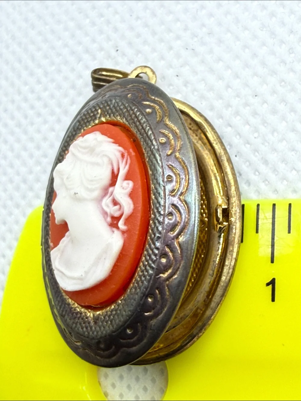 Vintage Classic White Cameo Coral lucite distressed Locket Pendant charm